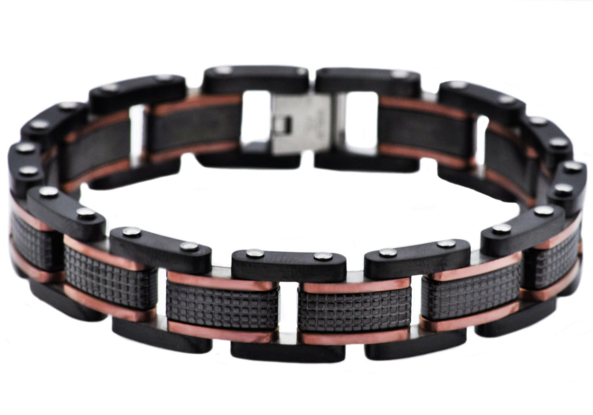 Mens Black Plated Textured Stainless Steel Bracelet With Chcoloate Plated Lines