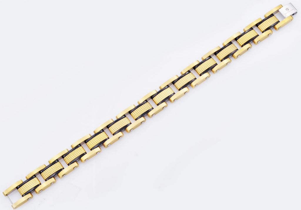 Mens Gold Textured Stainless Steel Bracelet With Black Plated Lines