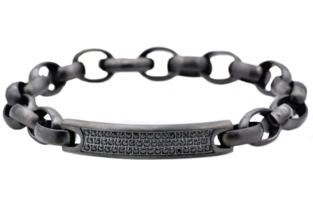 Mens Gunmetal Stainless Steel Bracelet With Black Cubic Zirconia