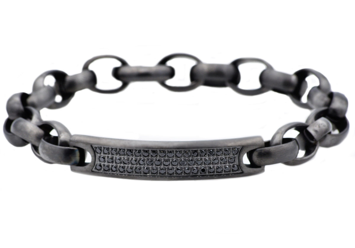 Mens Gunmetal Stainless Steel Bracelet With Black Cubic Zirconia