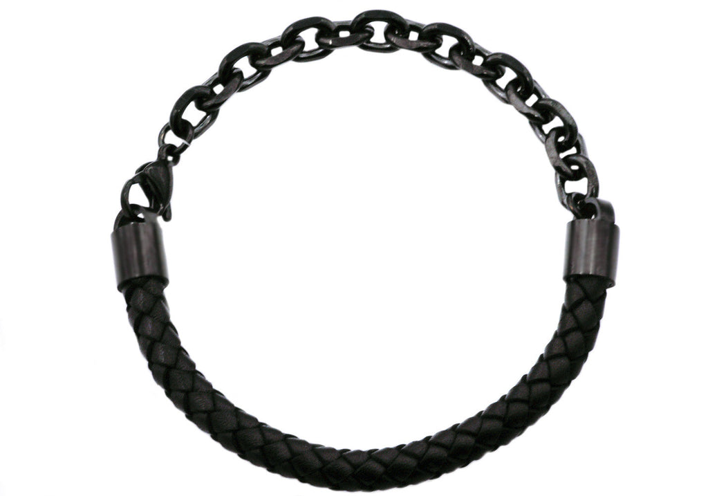 Mens Black Leather Black Stainless Steel Bracelet