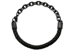 Mens Black Leather Black Stainless Steel Bracelet