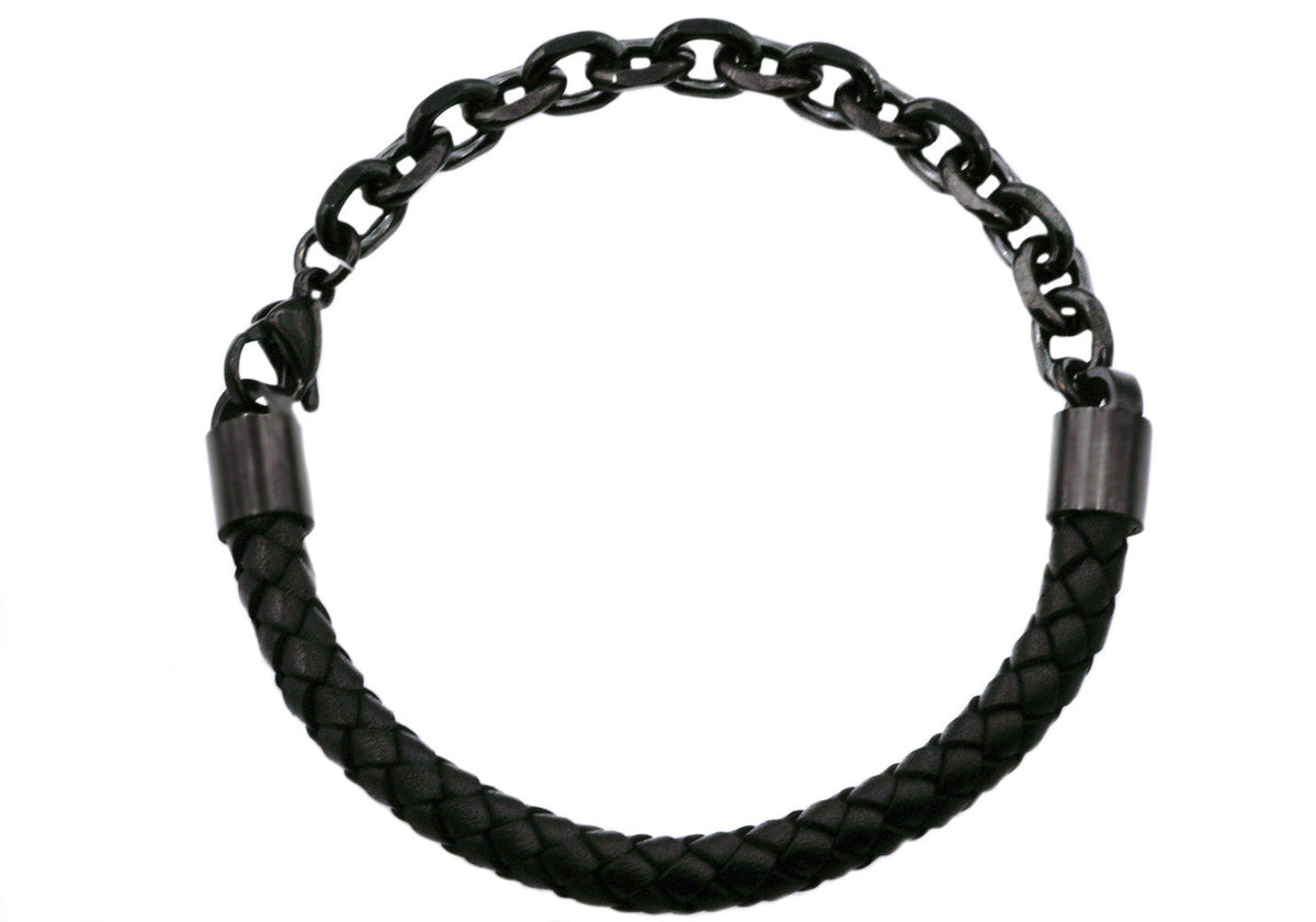 Mens Black Leather Black Stainless Steel Bracelet