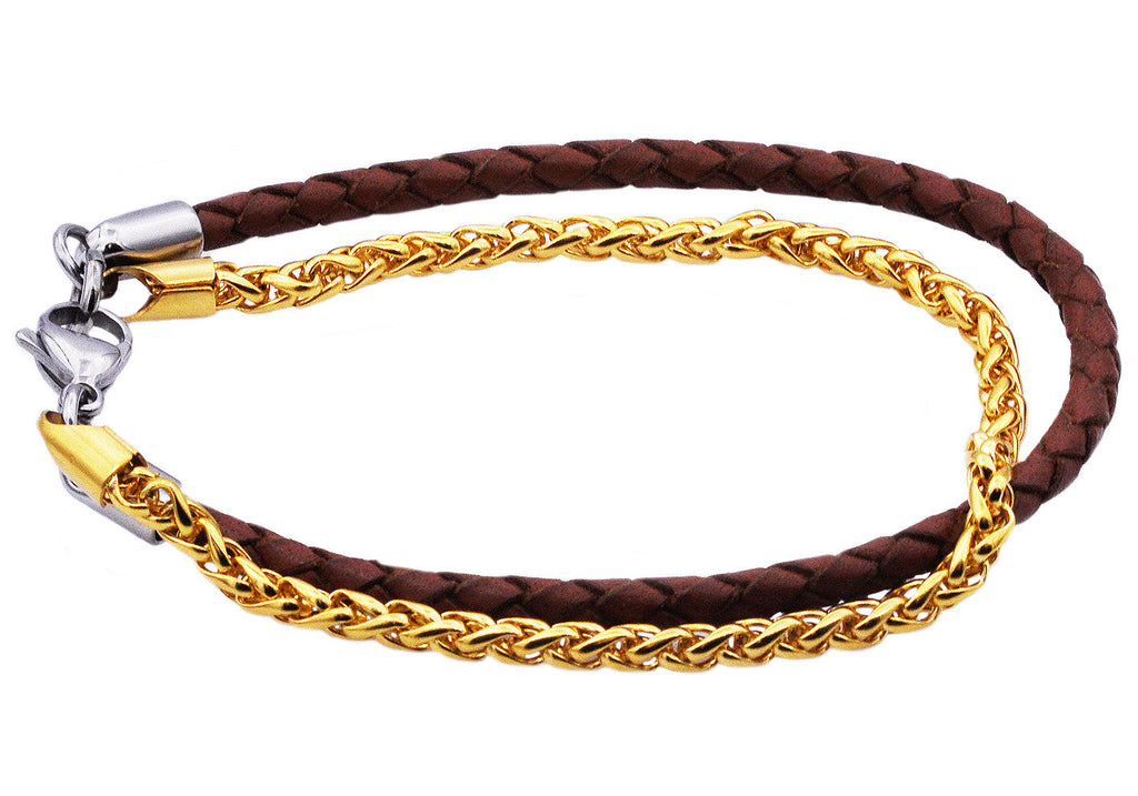 Mens Gold Stainless Steel Brown Leather Bracelet