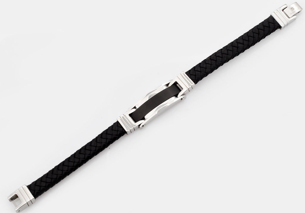 Mens Black Stainless Steel Black Leather Bracelet