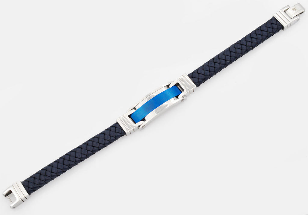 Mens Blue Stainless Steel Blue Leather Bracelet