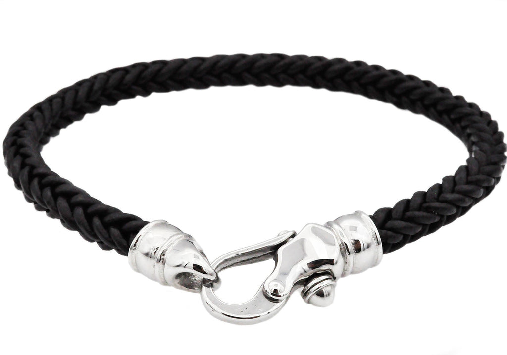 Mens Black Leather Stainless Steel Bracelet