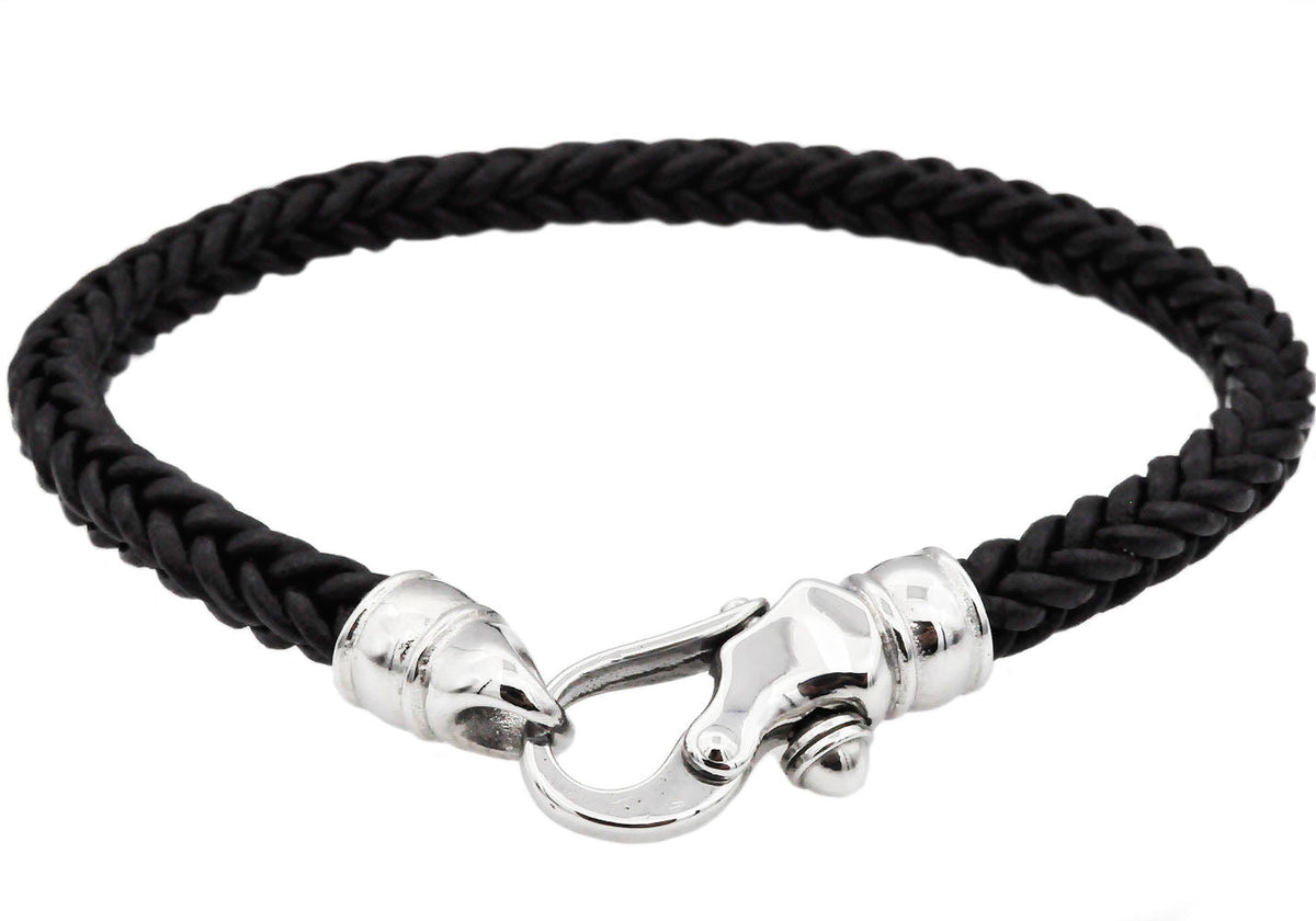 Mens Black Leather Stainless Steel Bracelet