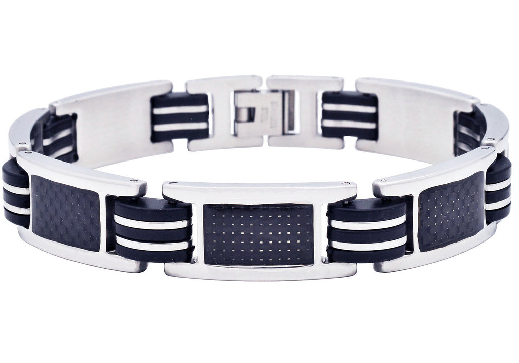 Mens Black Silicone And Stainless Steel Bracelet With Carbon Fiber