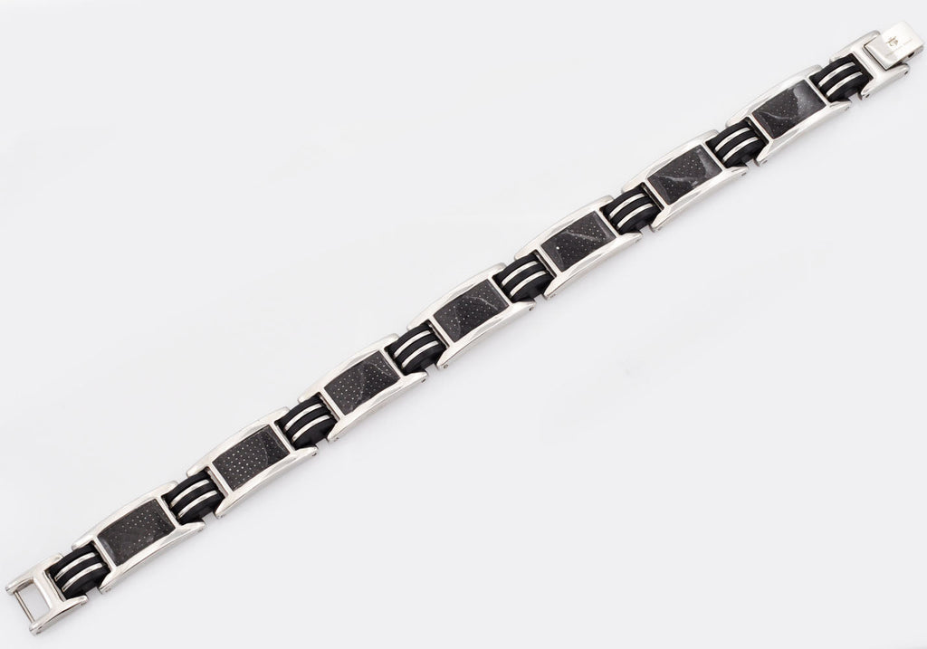 Mens Black Silicone And Stainless Steel Bracelet With Carbon Fiber
