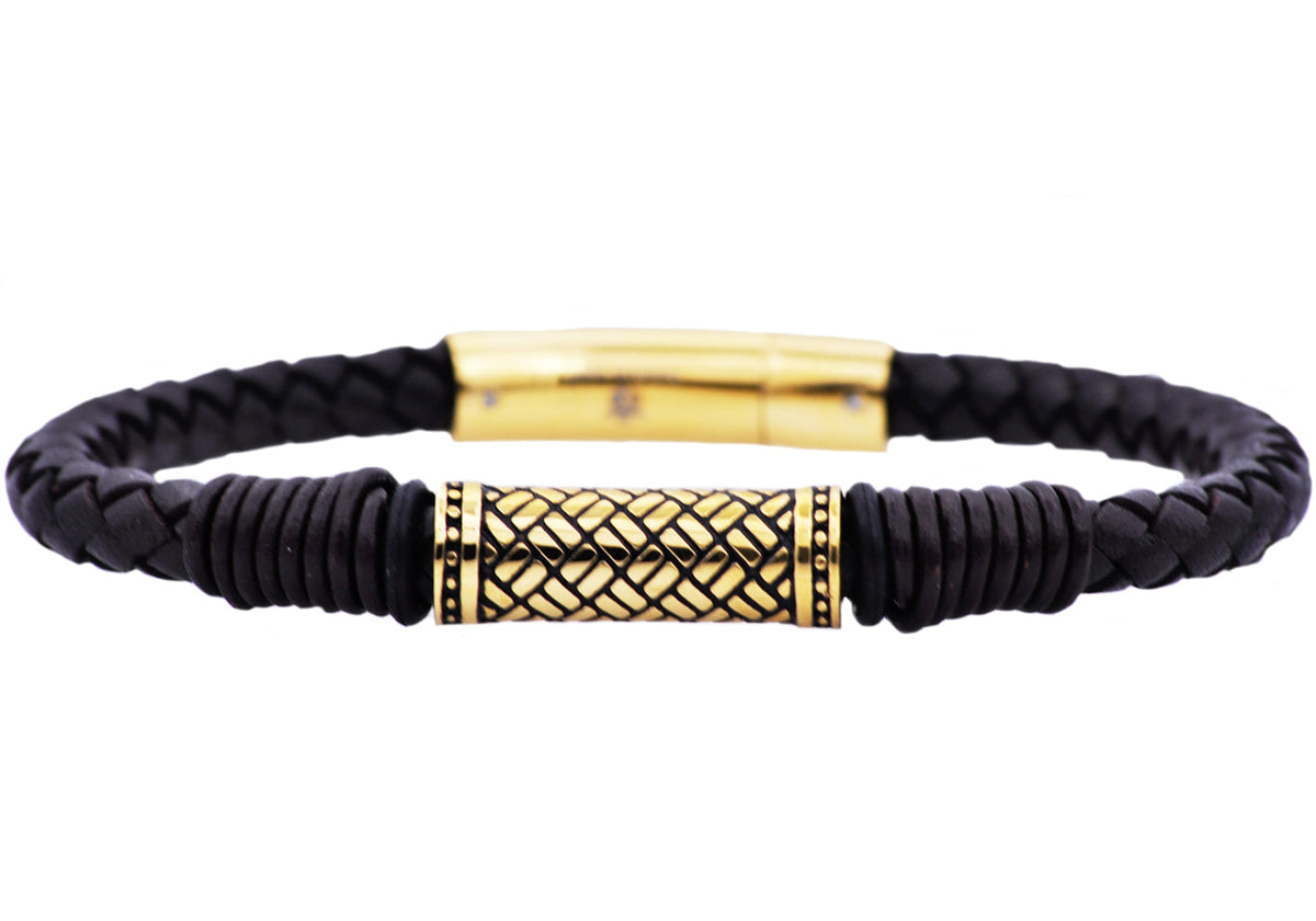 Mens Black Leather Gold Stainless Steel Bracelet