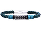 Mens Green Leather Stainless Steel Bracelet