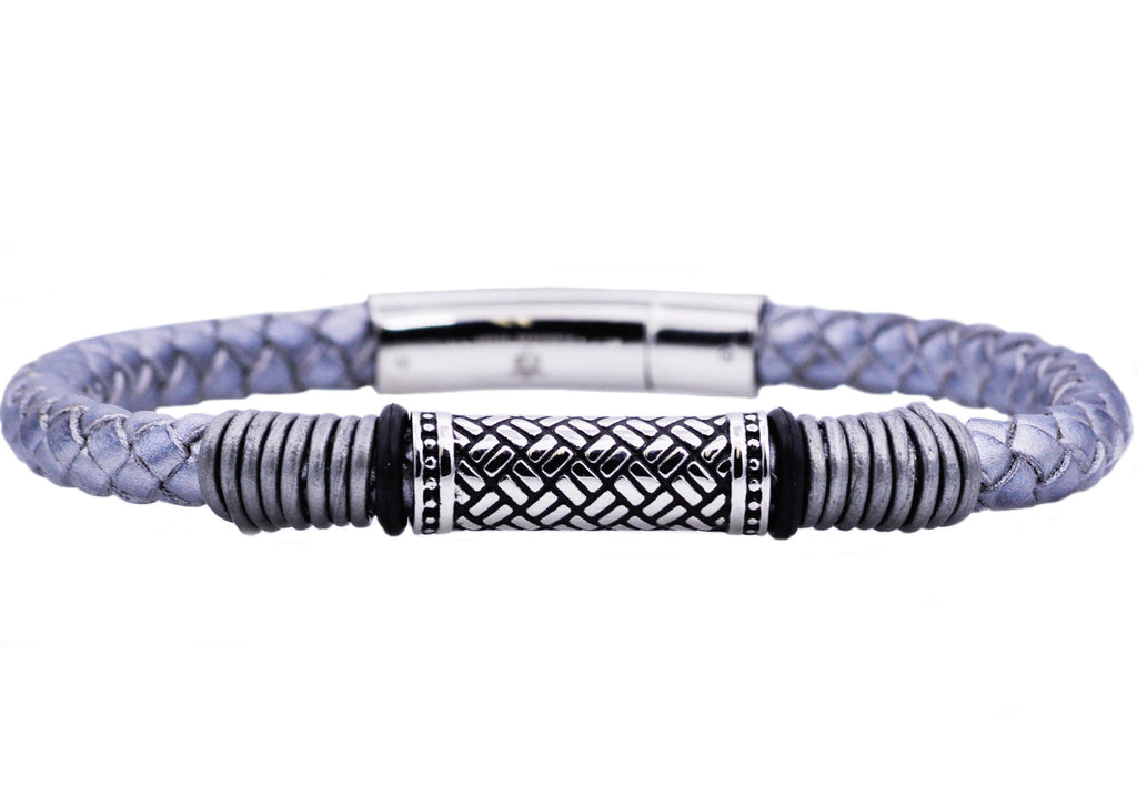Mens Gray Leather Stainless Steel Bracelet