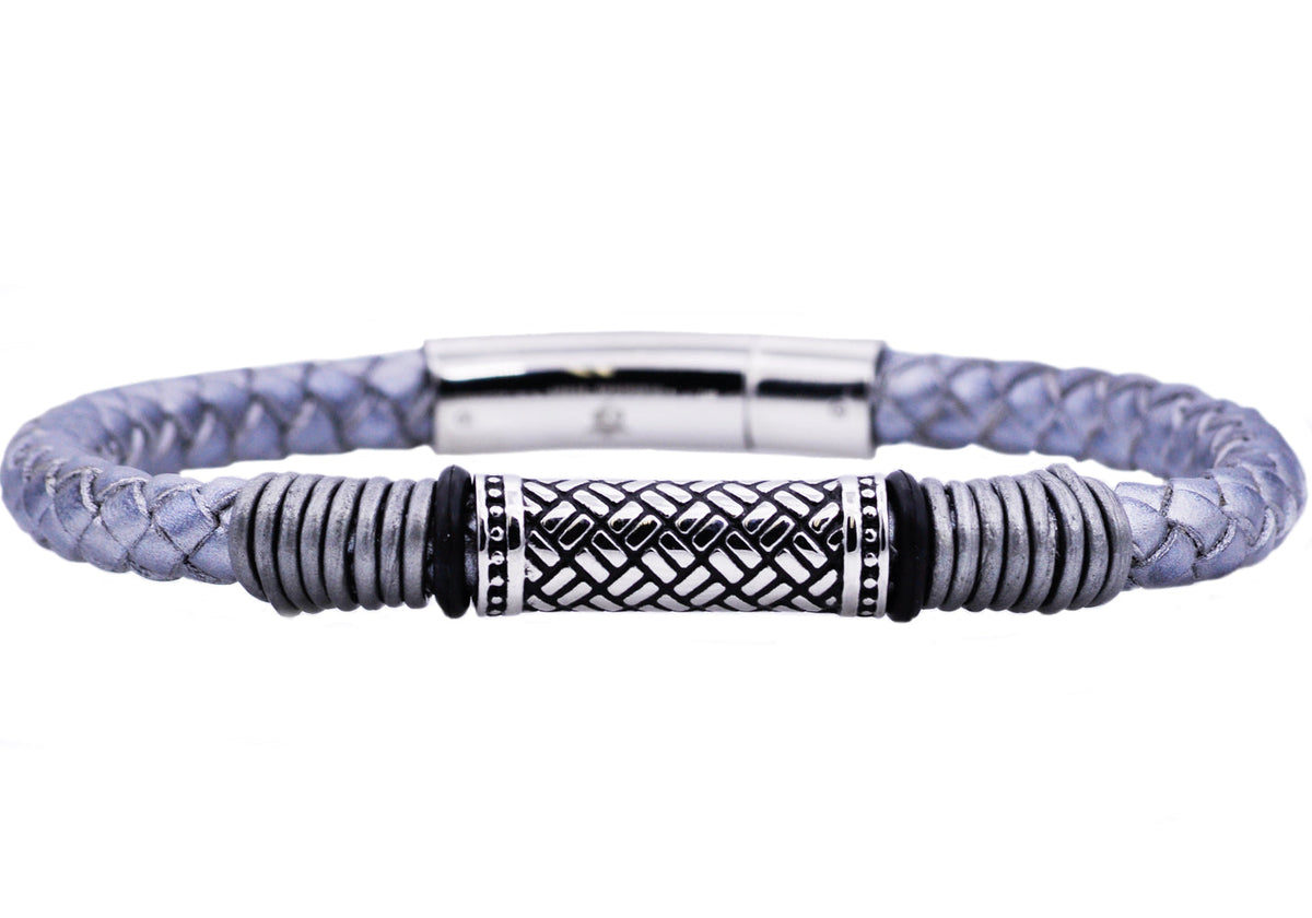 Mens Gray Leather Stainless Steel Bracelet