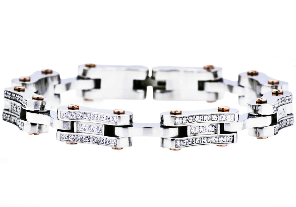 Mens Rose Stainless Steel Chain Bracelet With Cubic Zirconia