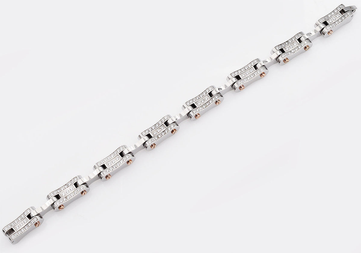 Mens Rose Stainless Steel Chain Bracelet With Cubic Zirconia