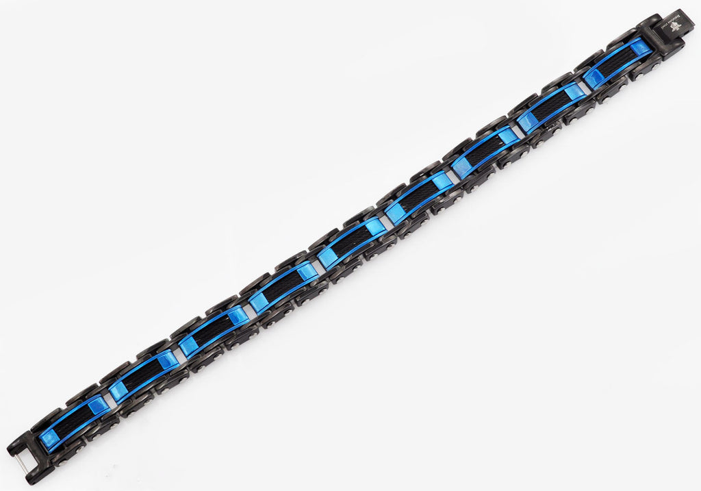 Mens Black And Blue Stainless Steel Bracelet With Black Plated Cables