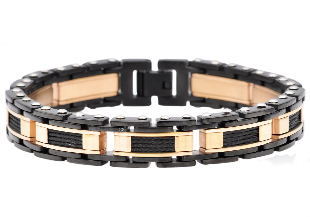 Mens Black And Rose Stainless Steel Bracelet With Black Plated Cables