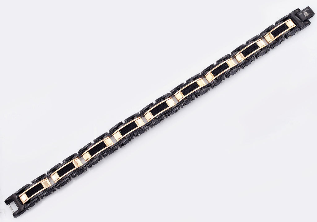 Mens Black And Rose Stainless Steel Bracelet With Black Plated Cables