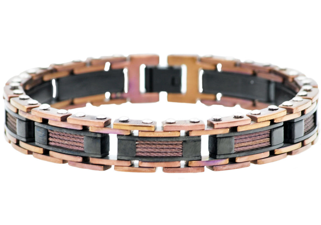 Mens Chocolate And Black Stainless Steel Bracelet With Chocolate Plated Cables