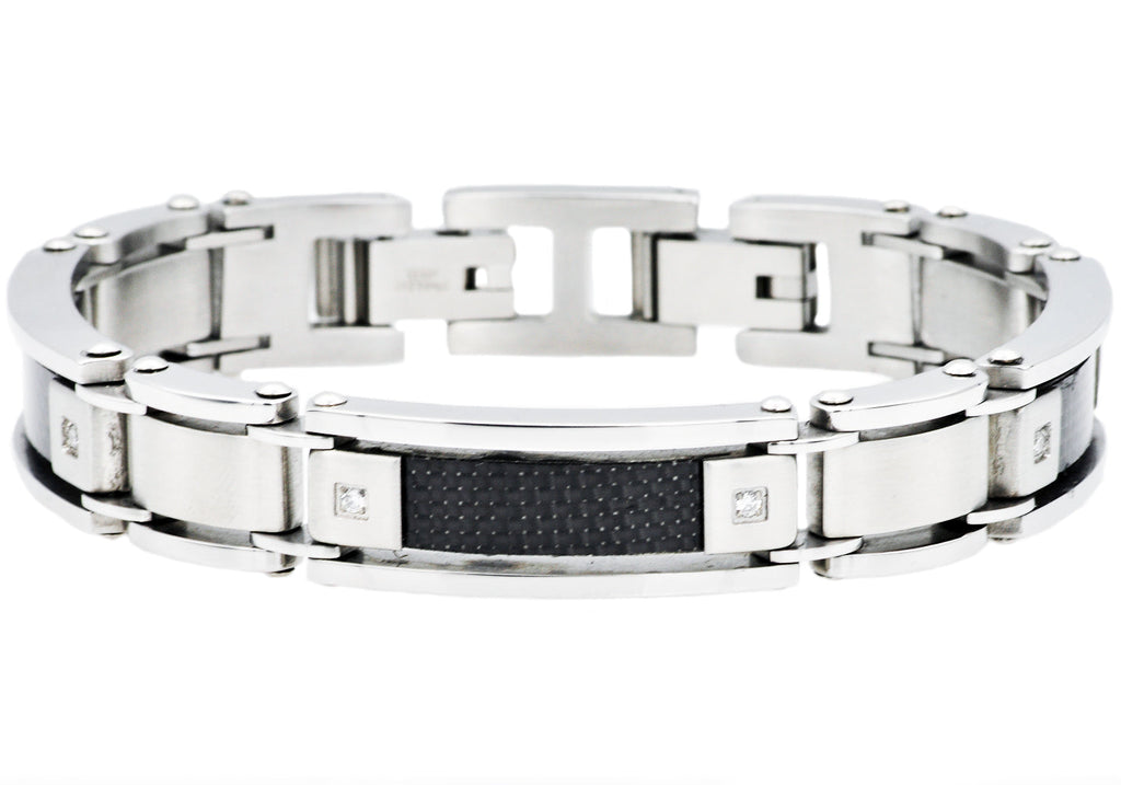 Mens Stainless Steel Bracelet With Carbon Fiber And Cubic Zirconia