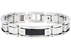Mens Stainless Steel Bracelet With Carbon Fiber And Cubic Zirconia