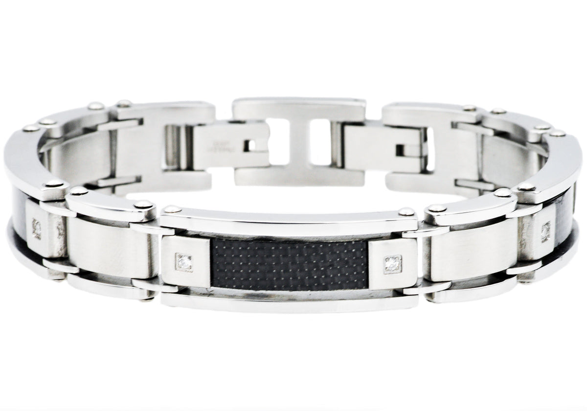 Mens Stainless Steel Bracelet With Carbon Fiber And Cubic Zirconia