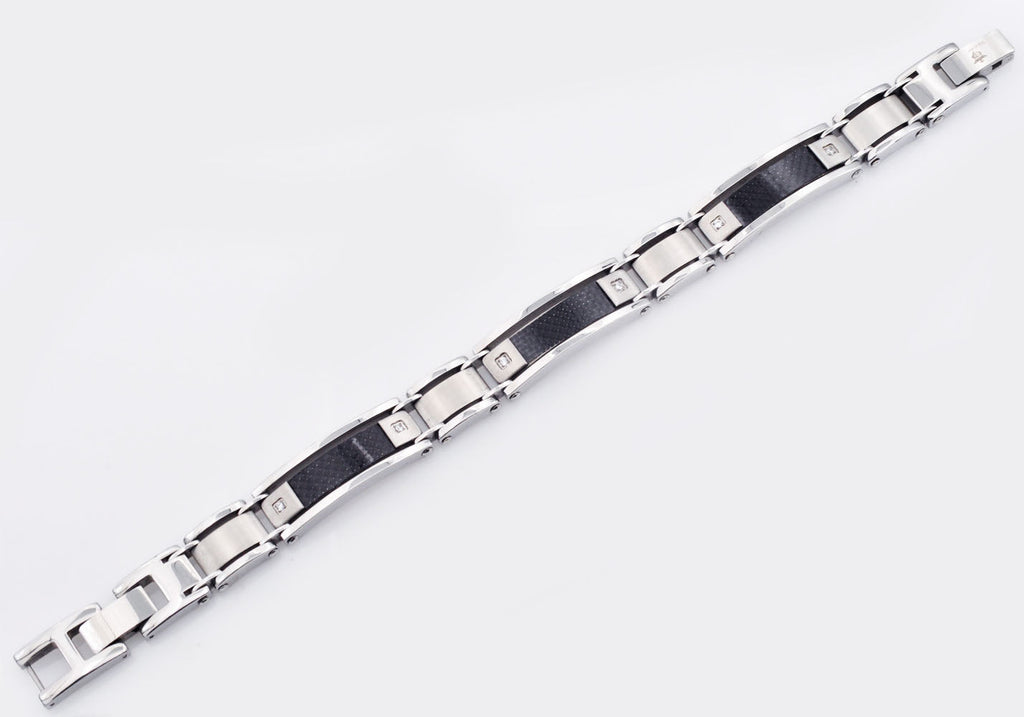 Mens Stainless Steel Bracelet With Carbon Fiber And Cubic Zirconia