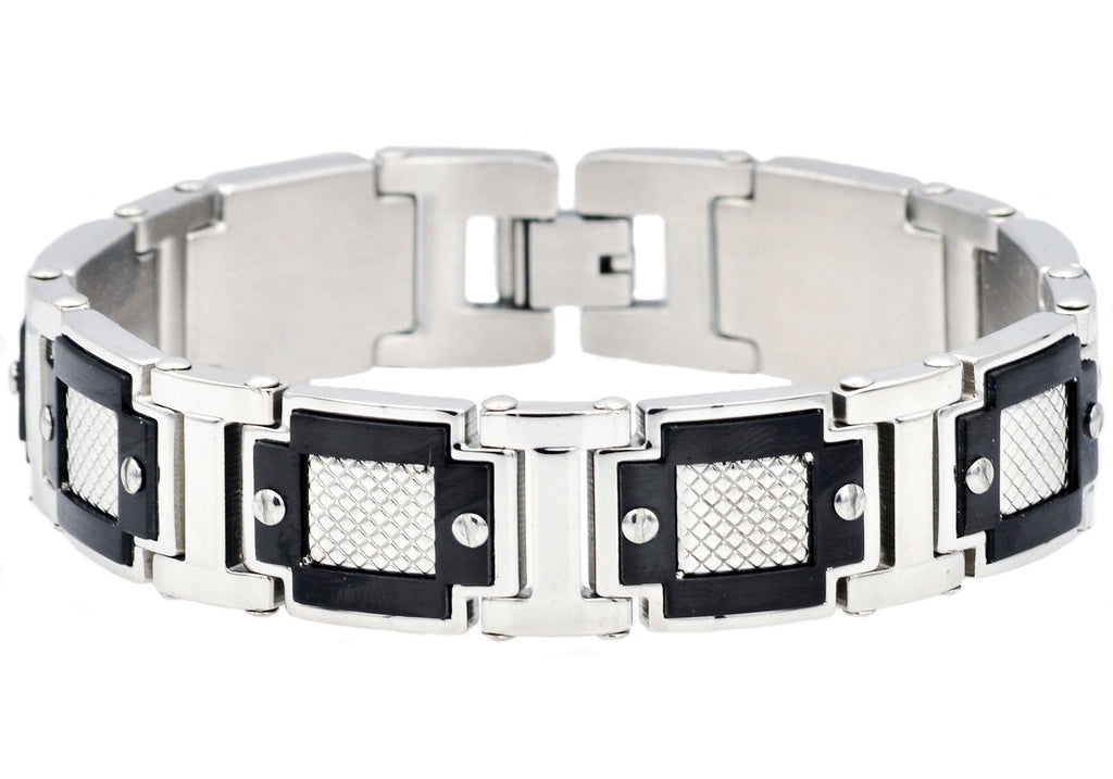 Men's Black & Silver Stainless Steel Diamond Cut Link Bracelet With Screw Accents