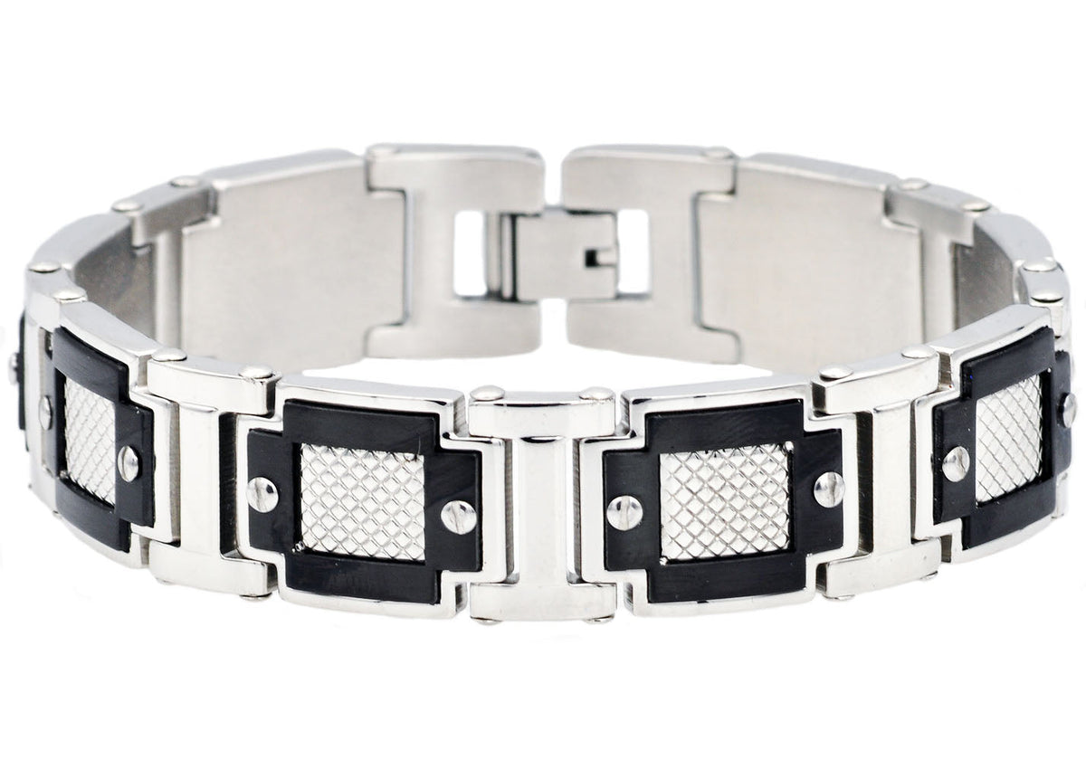 Men's Black & Silver Stainless Steel Diamond Cut Link Bracelet With Screw Accents