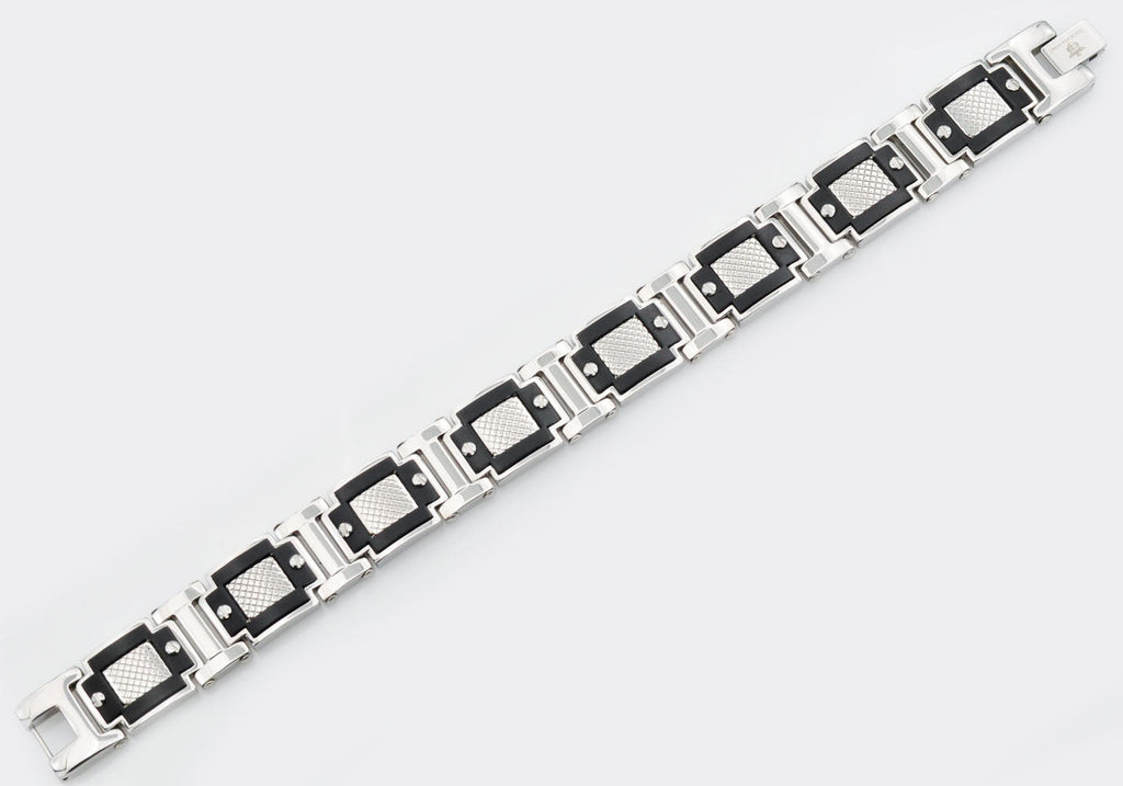 Men's Black & Silver Stainless Steel Diamond Cut Link Bracelet With Screw Accents