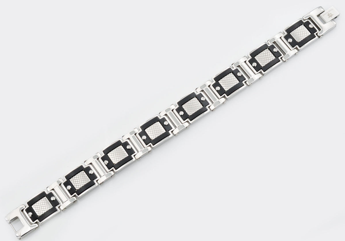 Men's Black & Silver Stainless Steel Diamond Cut Link Bracelet With Screw Accents