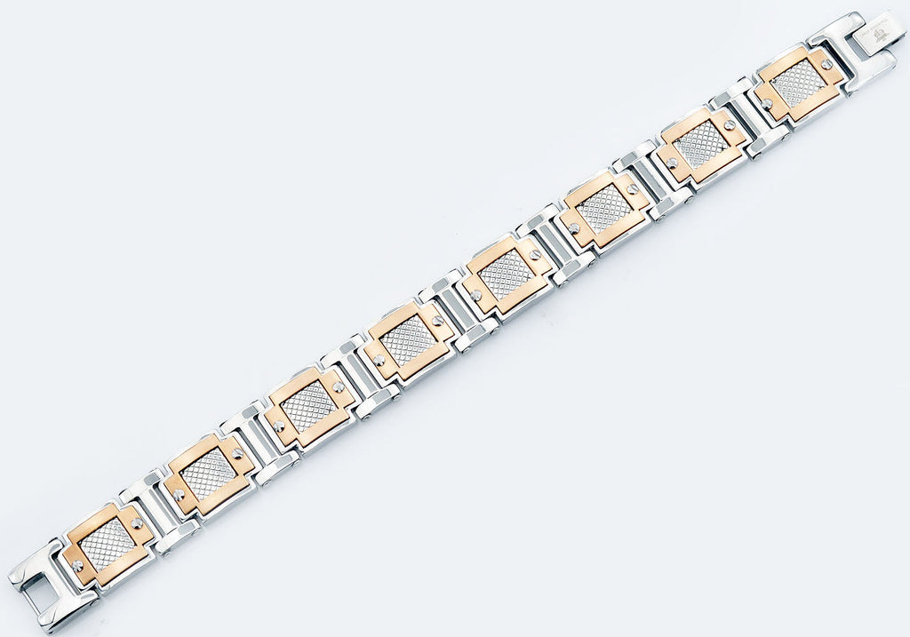 Men's Rose Gold & Silver Stainless Steel Diamond Cut Link Bracelet With Screw Accents