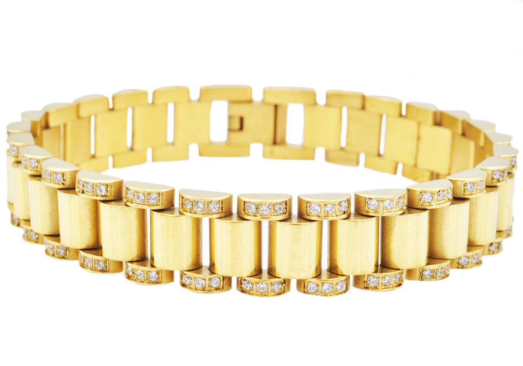 Mens Gold Stainless Steel Link Bracelet With 150 CZs