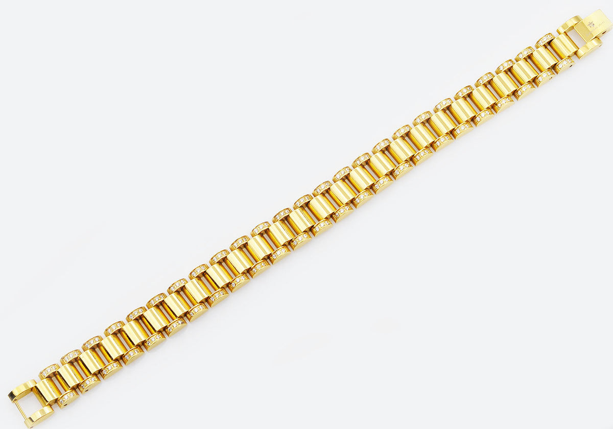Mens Gold Stainless Steel Link Bracelet With 150 CZs