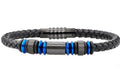 Mens Black Leather Blue Stainless Steel Bracelet With Carbon Fiber