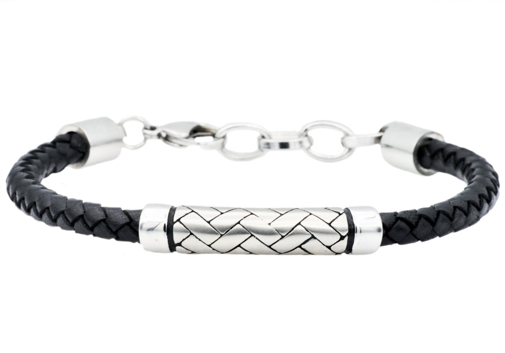 Mens Black Leather Stainless Steel Bracelet