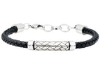 Mens Black Leather Stainless Steel Bracelet