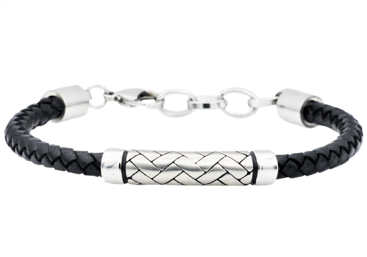 Mens Black Leather Stainless Steel Bracelet