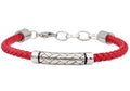 Mens Red Leather Stainless Steel Bracelet