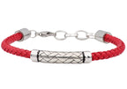Mens Red Leather Stainless Steel Bracelet