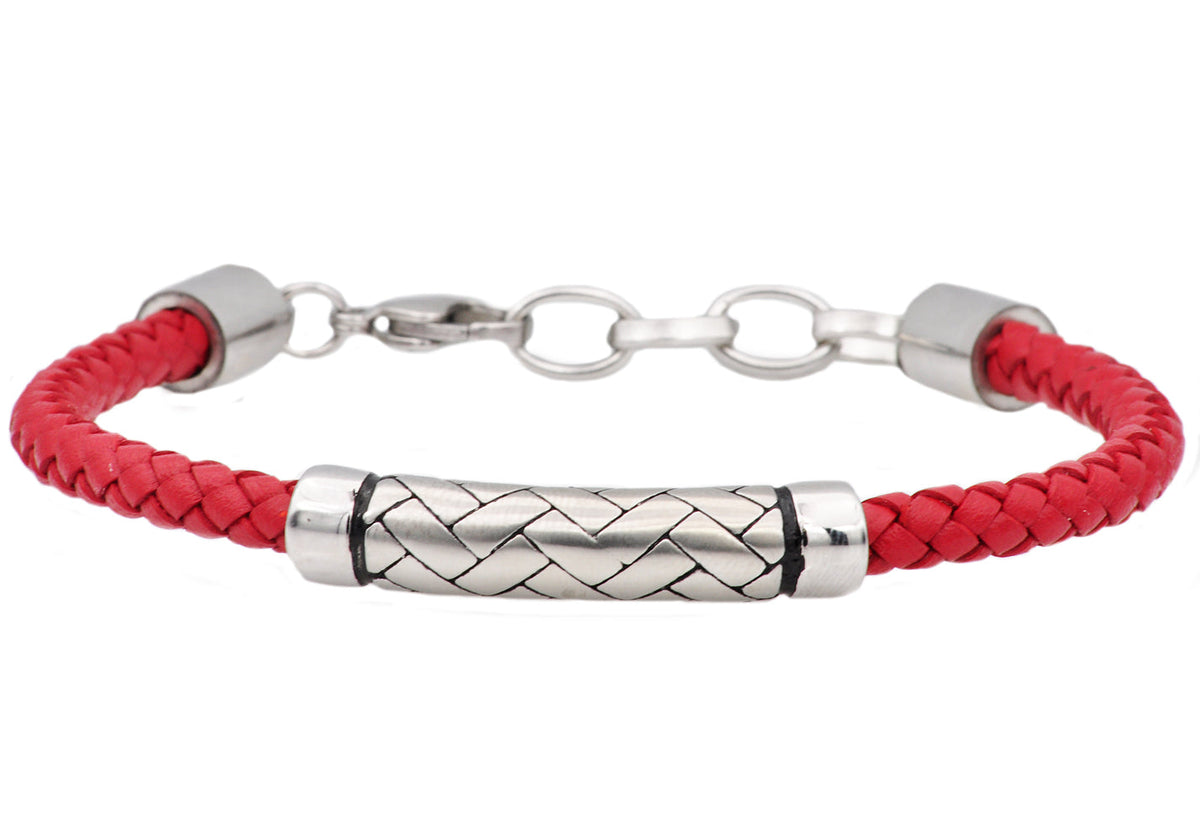 Mens Red Leather Stainless Steel Bracelet