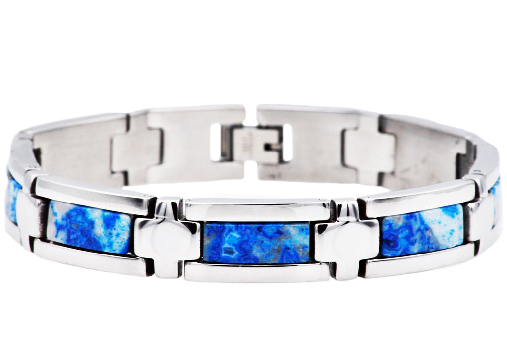 Mens Genuine Blue Lace Agate Stainless Steel Bracelet