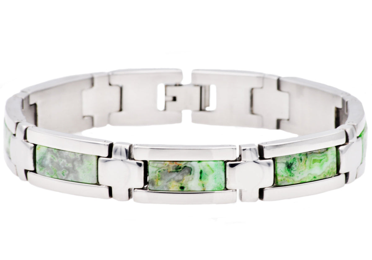 Mens Genuine Green Lace Agate Stainless Steel Bracelet