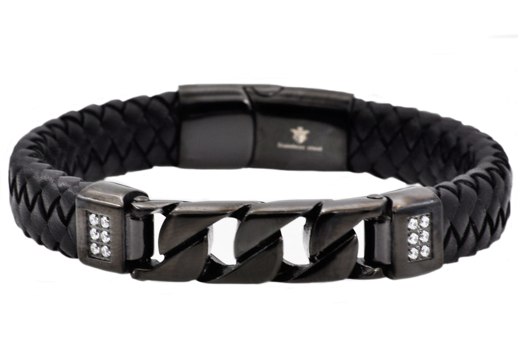 Mens Black Leather And Black Stainless Steel Curb Link Bracelet With Cubic Zirconia