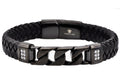 Mens Black Leather And Black Stainless Steel Curb Link Bracelet With Cubic Zirconia