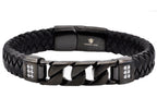 Mens Black Leather And Black Stainless Steel Curb Link Bracelet With Cubic Zirconia