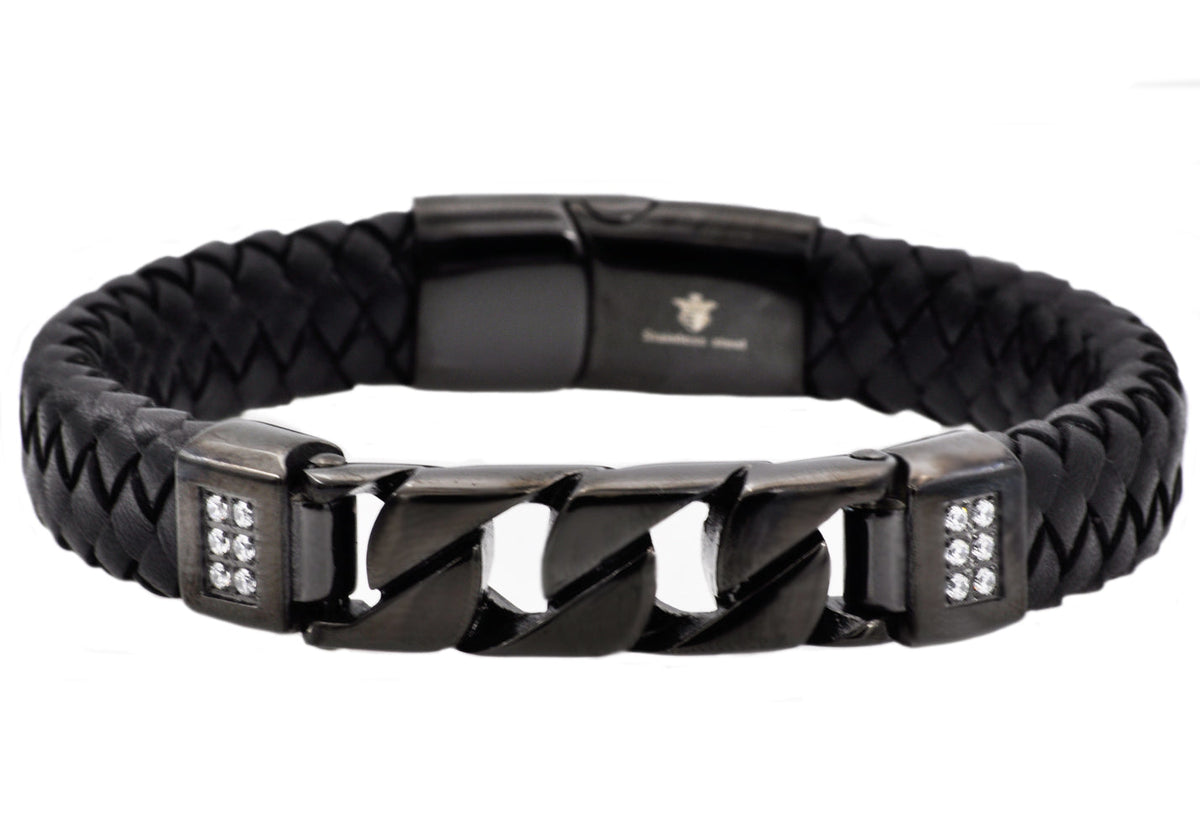 Mens Black Leather And Black Stainless Steel Curb Link Bracelet With Cubic Zirconia