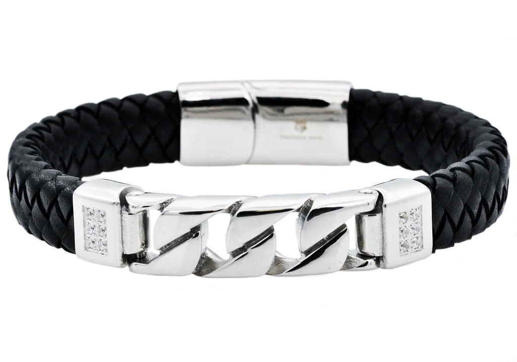 Mens Black Leather And Stainless Steel Imitation Curb Link Bracelet With Cubic Zirconia