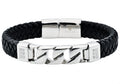 Mens Black Leather And Stainless Steel Imitation Curb Link Bracelet With Cubic Zirconia